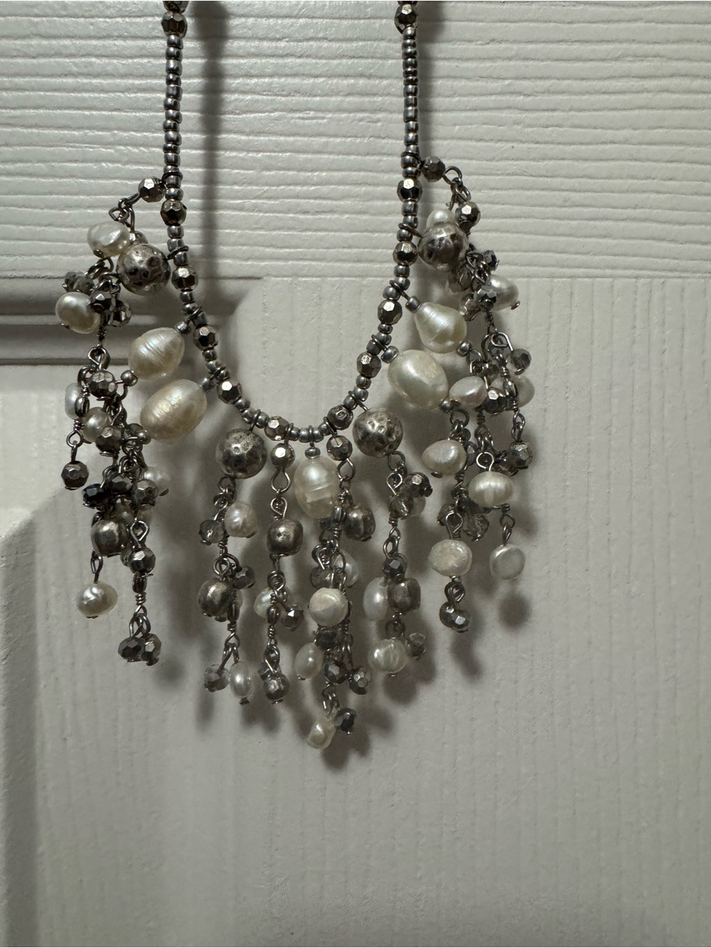 Pearl and Hematite Cascade Necklace - White and Silver